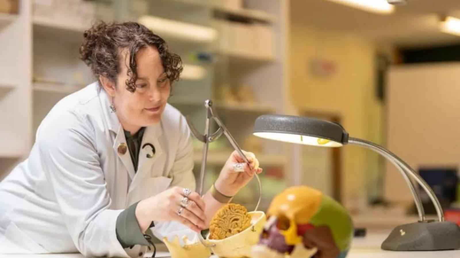 ANU PhD scholar Alannah Pearson in a lab coat, using an instrument to measure a model skull and brain